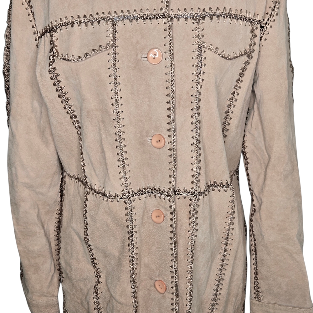 Women's Leather Patchwork Jacket Crochet Flowers … - image 5